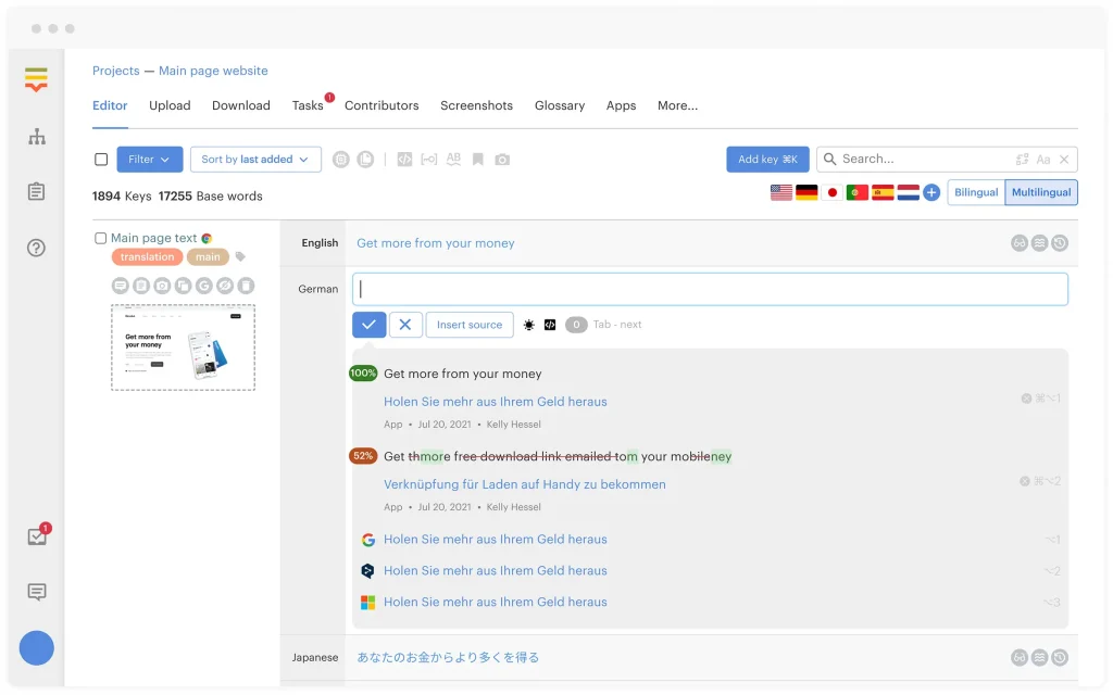 Screenshot of Lokalise's translation management system