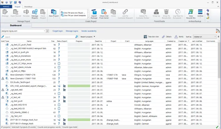 Screenshot of memoQ's translation management software dashboard displaying project list