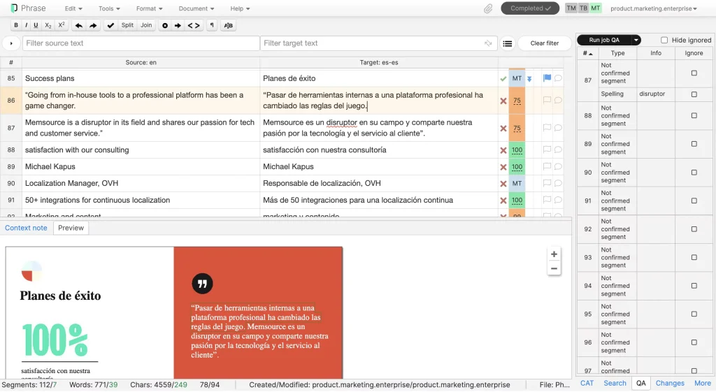 Screenshot of Phrase translation management system displaying strings, CAT tools, and in-context editing