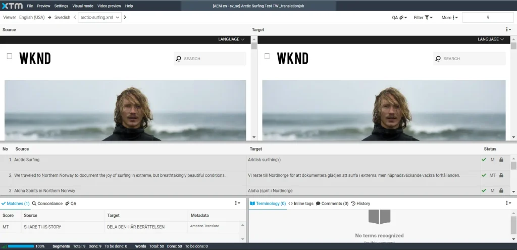 Screenshot of XTM's translation management system displaying in-context translations
